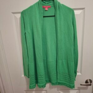 Lilly Pulitzer XS Green Fringe Knit Cardigan Open Front Sweater Top